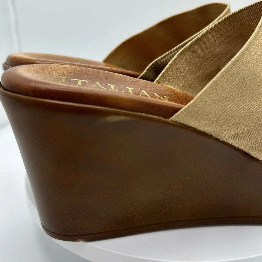 ITALIAN SHOEMAKERS Gold Strap Wedge Sandals, Size 8.5